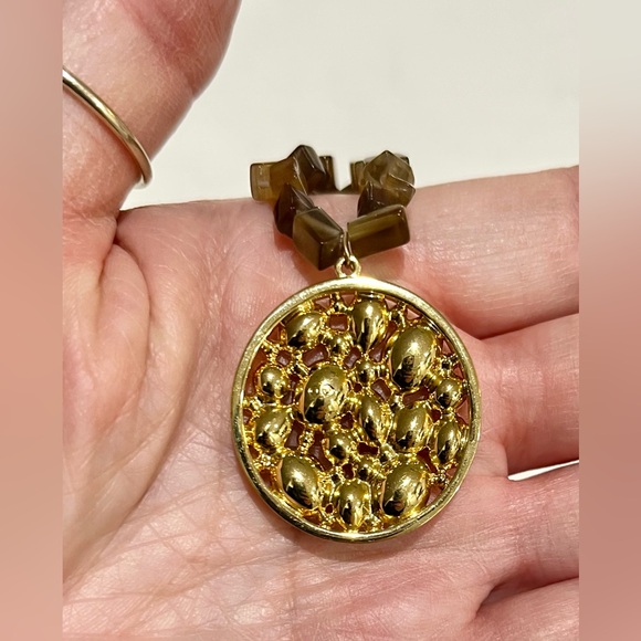 Upcycled VTG Swarovski Dorado Pendant/Tiger Eye Leather Powerhouse Necklace, EUC - Picture 7 of 13
